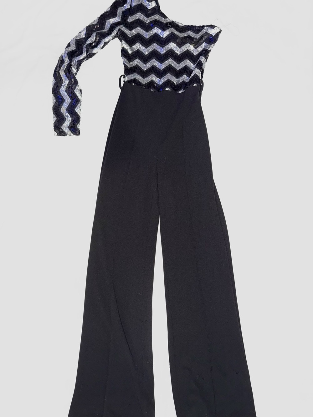 One-Shoulder Chevron Sequin Jumpsuit in Black and Silver